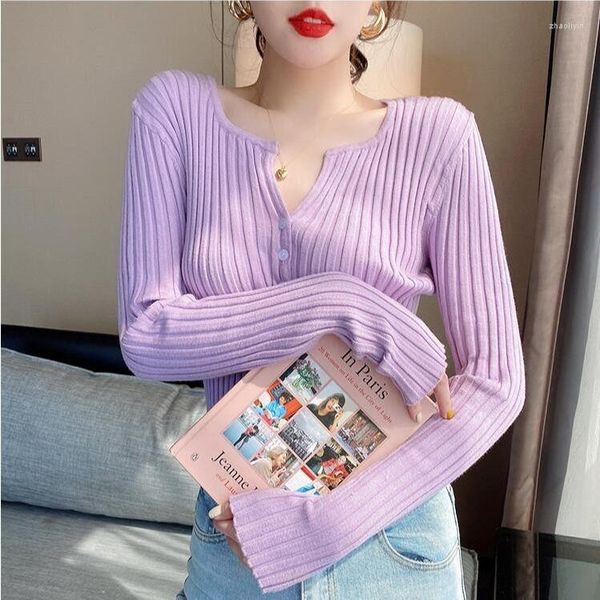 Suéteres femininos mulher pulôver com decote em v cardigan verão malha taro roxo top femme chandails