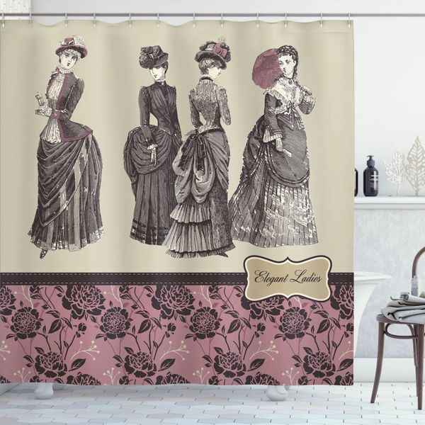 Cortinas de chuveiro Cortina de chuveiro vitoriana Roupas femininas História da moda Vestido Bolsa Luvas de penas Design floral Barroco Conjunto de cortinas de banheiro 230922