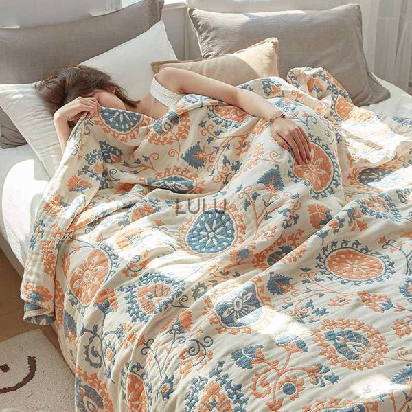 Cobertores Floral Cobertor Musselina Verão Puro Algodão Escritório Casa Dormindo Sofá Cama Lance Suave Viagem Respirável Gaze Quilt HKD230922