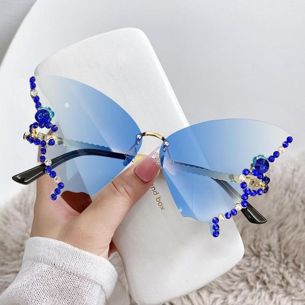 Sonnenbrille Luxus Designer Randlose Kristall Schmetterling Vintage Marke Shades Für Frauen Outdoor Sonnenbrille Bling Diamant Brillen