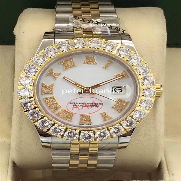 Prong Set Diamond Watches bicolore argento oro 43mm quadrante bianco Lunetta con diamanti più grande Orologio automatico da uomo di moda2051