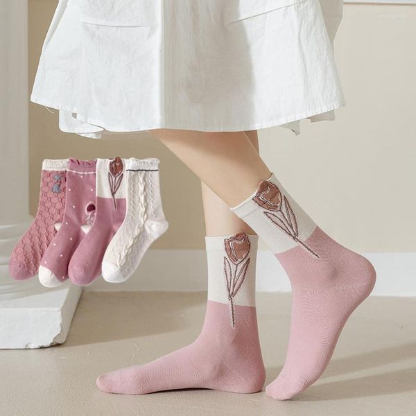 Женские носки с цветочной вышивкой розового цвета в стиле Харадзюку, винтажная уличная одежда, хлопковые длинные японские модные милые милые девушки в стиле каваи
