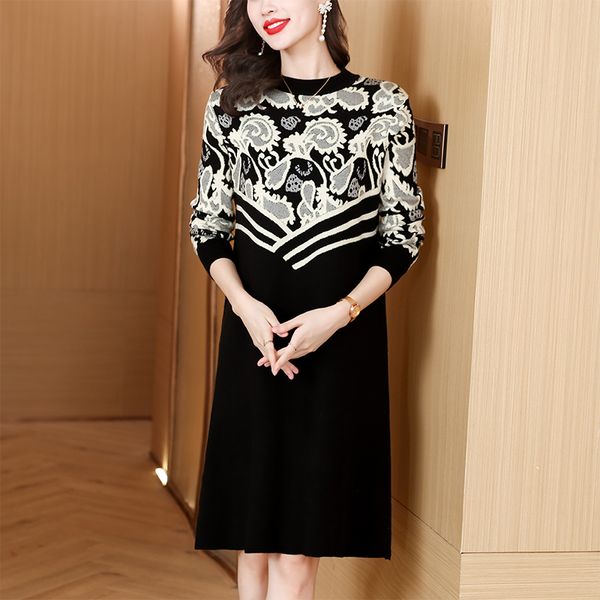 2023 Mode O-Ausschnitt Slim Pullover Kleider Luxus Designer Frauen Langarm Herbst Winter Urlaub Floral Strickpullover Kleid Büro Dame Elegante schwarze Midi-Kleider