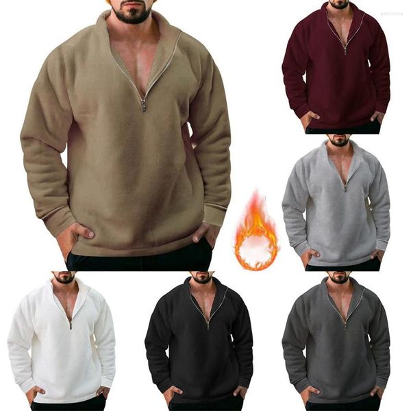 Hoodies masculinos masculinos simples zip up moletom pulôver manga longa camiseta suporte pescoço velo quente jumper casual topo sólido roupas masculinas