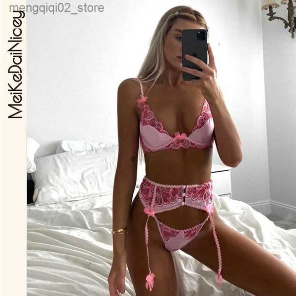 Sutiãs conjuntos meikedainicey 2021 coração bordado laço sutiã conjunto mulheres rosa arco sutiã + calcinha rosa conjunto senhoras sexy lingerie conjunto q230922