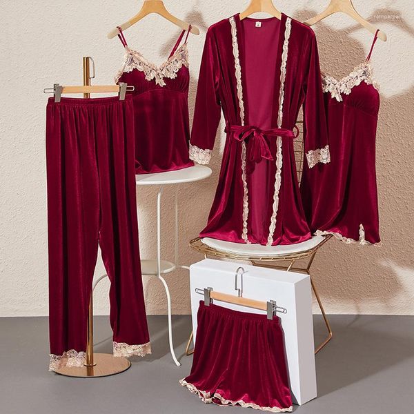 Mulheres Sleepwear Sexy Feminino 5 PCS Robe Set Velour Lace Bathrobe Mulheres Kimono Bath Vestido Solto Nightwear Dama de Honra Robes Terno Homewear