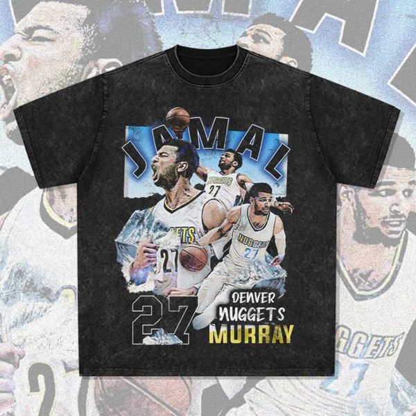 T-shirt corta a maniche lunghe stampata americana Jamal Murray, scollo piccolo lavato1m3b