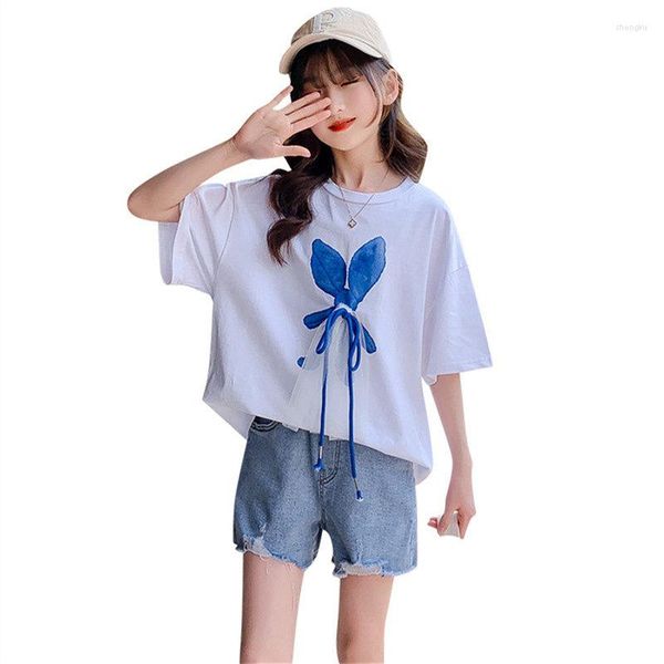 Set di abbigliamento Ragazza 2023 Estate Bambini T-shirt con fiocco in cotone Pantaloncini di jeans Bambini Moda casual Abiti a due pezzi Corea