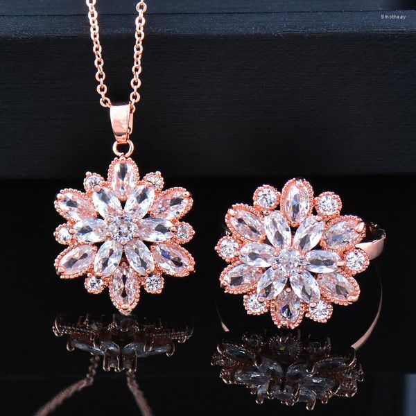 Halskette Ohrringe Set SINLEERY Koreanische Zirkon Blume Ringe Rose Gold Silber Farbe Sets Für Frauen Hochzeit Zubehör