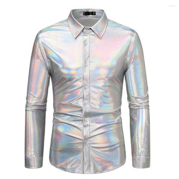 Camicie eleganti da uomo Camicia da discoteca sexy a maniche lunghe lucida da uomo, vestibilità casual, vestibilità slim, tinta unita, festa in discoteca, uomo shinny