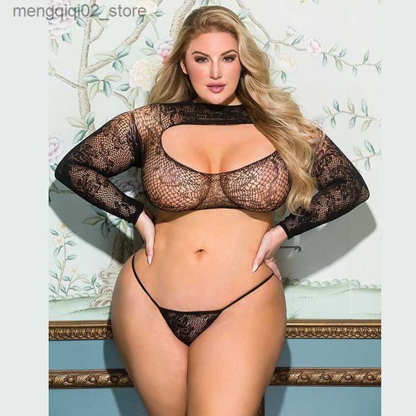 Set di reggiseni Comeondear Plus Size Set di lingerie da donna A rete scava fuori manica lunga Reggiseno e slip Set Mesh Mutandine sexy Set di reggiseno intimo Q230922