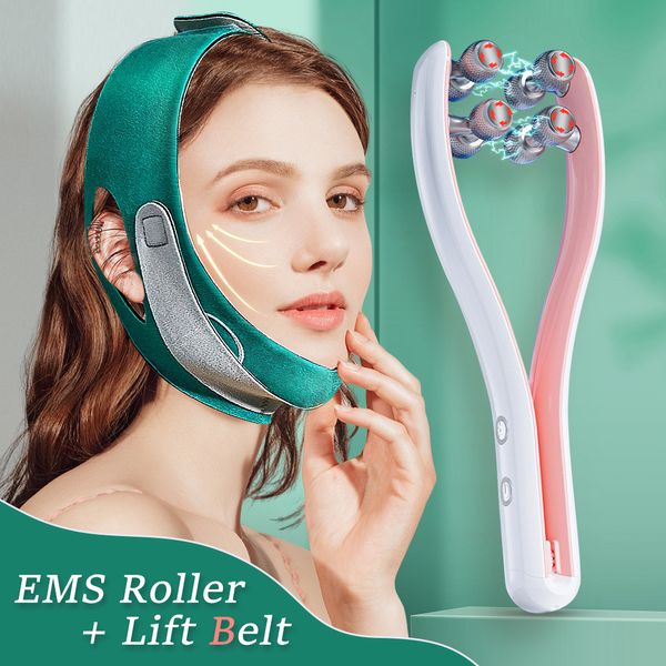 Gesichtsmassagegerät EMS Face Lifting Roller RF Doppelkinn V Gesichtsmassagegerät Kiefer Wange dünn Abnehmen Lift Up Gürtel Hautpflege-Tool 230921