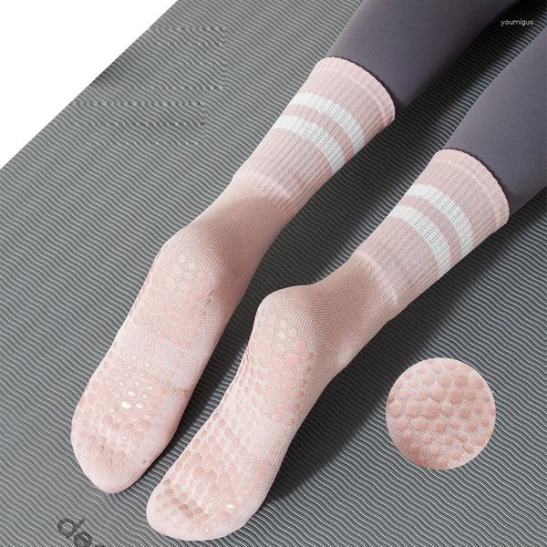 Mulheres meias 2 pares yoga indoor fitness meia piso algodão profissional antiderrapante silicone dança pilates esportes mid-tube