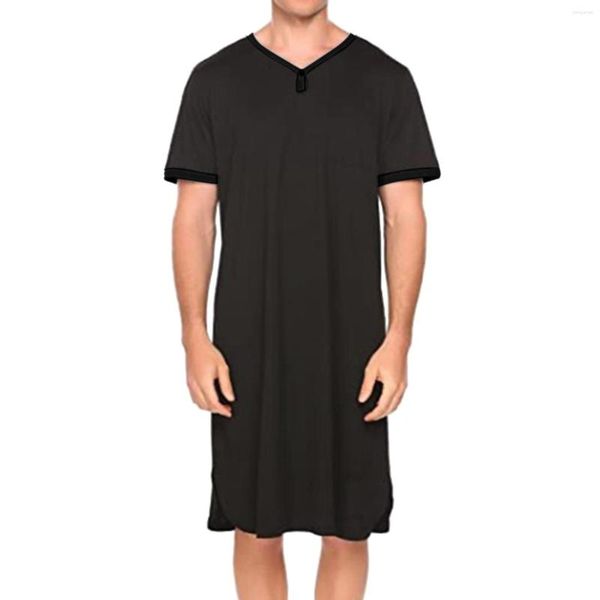 Herren-Nachtwäsche, einfarbig, Robe, lockeres Kurzarm-Nachthemd, verlängertes langes T-Shirt, V-Ausschnitt, Nachtwäsche, Pyjama, Loungewear, Sommer