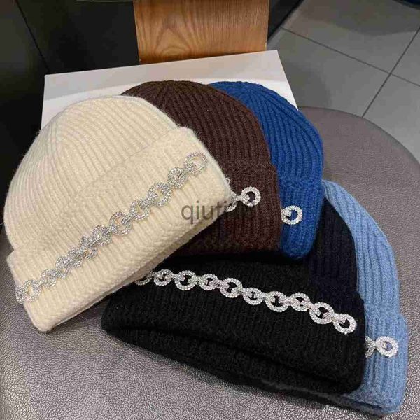 Berretti Beanie/Teschio Autunno e Inverno Berretti di lana spessa a doppio strato Moda per bambini Cappelli caldi con strass Cappello freddo lavorato a maglia elegante x0922