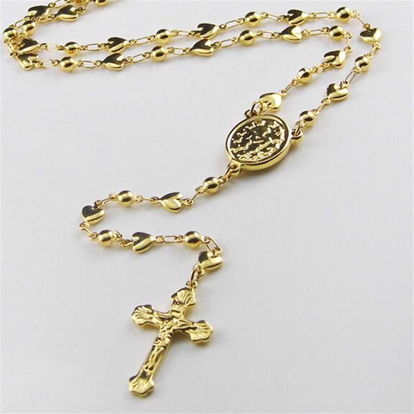 Stile dolce 5 mm Regalo per donne e ragazze Collana con rosario in oro Acciaio inossidabile Religioso Jusus Croce Perline Cuori Crocifisso218K