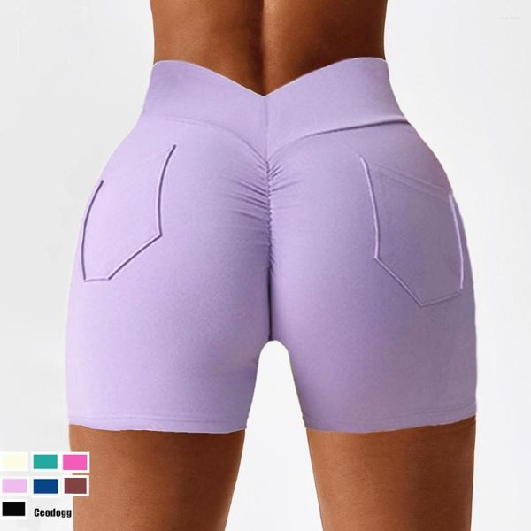 Pantaloncini attivi 2023 Nylon Pocket Scrunch Palestra Yoga Corsa Allenamento Vita alta V Sport Fitness Biker Ciclismo Legging Abbigliamento donna