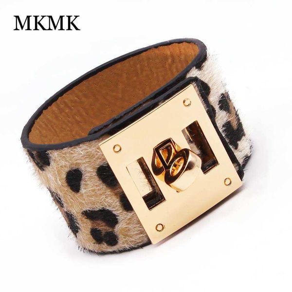 Designer de luxo Hremss Bangle para venda Pulseira Exagerar Boate Versátil Padrão de Leopardo Personalizado Cabelo de Cavalo PU Couro Falso Fas com Logotipo Real