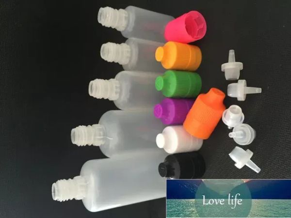 Novas garrafas plásticas coloridas 3ml 5ml 10ml 15ml 20ml 30ml 50ml 60ml 100ml 120ml frascos conta-gotas com pontas longas e finas tampas de adulteração