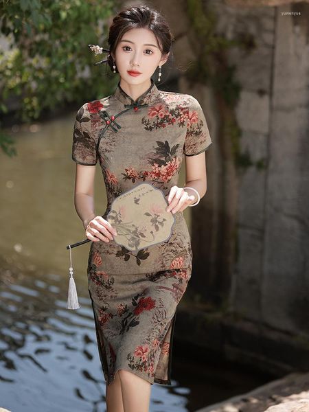 Ethnische Kleidung FZSLCYIYI Traditionelle bedruckte Satin Kurzarm mittellange Cheongsam Frauen Zeremonie Qipao chinesische weibliche Abendkleider