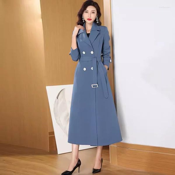 Trench feminina casacos femininos Blue Long Coat Long Spring Autumn Fashion Casual Inglaterra Terno de terno colar