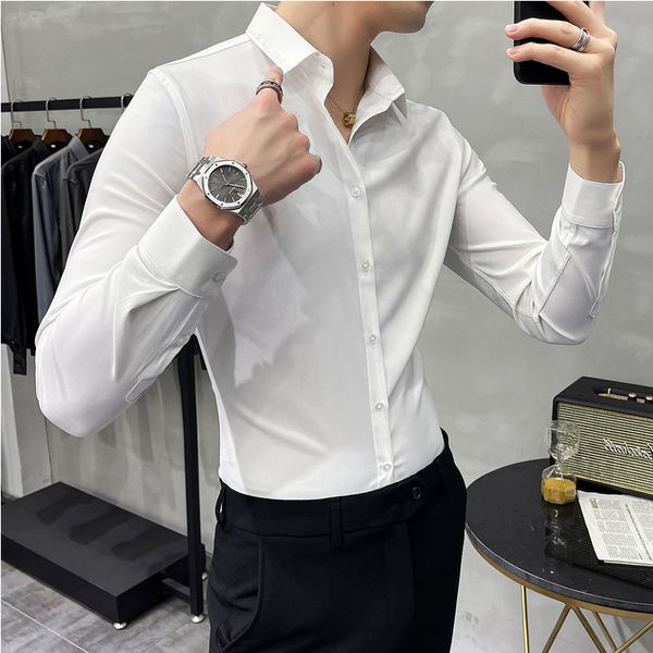 Мужские повседневные рубашки Мужская рубашка-смокинг с отложным воротником и длинным рукавом Slim Fit Свадебное платье на пуговицах Черный Белый Серый 5XL 6XL 7XL 230921