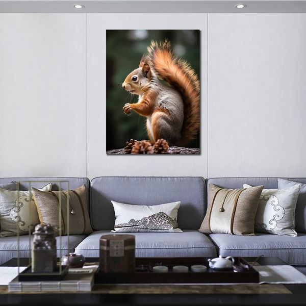 Poster con foto di scoiattolo carino che mangia pigna su tela per stampare il dipinto per la decorazione della parete della camera da letto del salotto