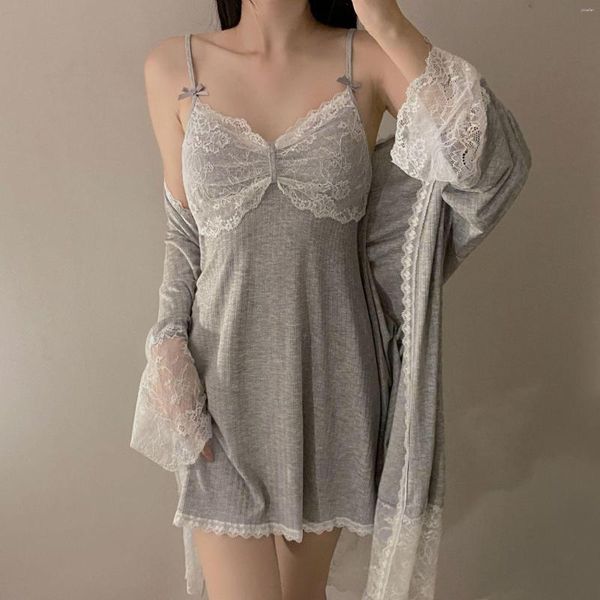 Indumenti da notte da donna Kimono in pizzo modale Accappatoio Abito da donna sexy Twinset Set di vestaglie 2 pezzi NightyRobe Abito da notte Autunno Sleepdress Abbigliamento per la casa