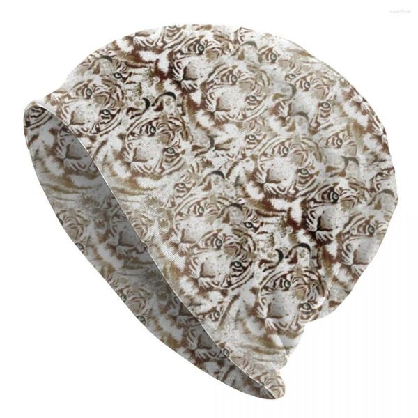 Berretti Cappelli a cuffia con design faccia di tigre Cappelli divertenti con stampa animalier bianchi e marroni Cappello lavorato a maglia unisex per esterni Elastico termico invernale