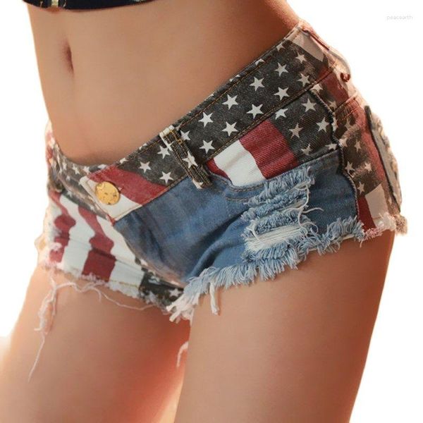 Shorts femininos 2023 cintura baixa bandeira americana impressão rasgada jeans mini estilo verão