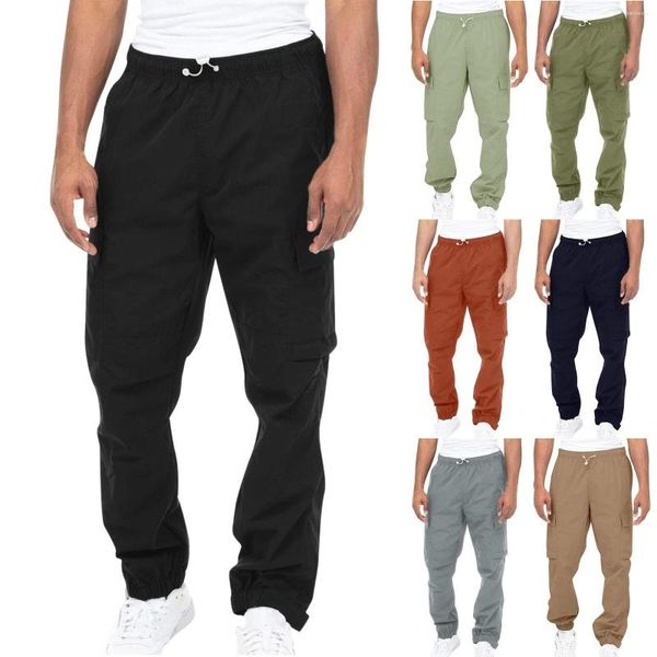 Pantaloni da uomo Autunno e inverno Uomo Tinta unita Lavoro Coulisse Gamba Bocca Nastro adesivo Multi tasca Casual