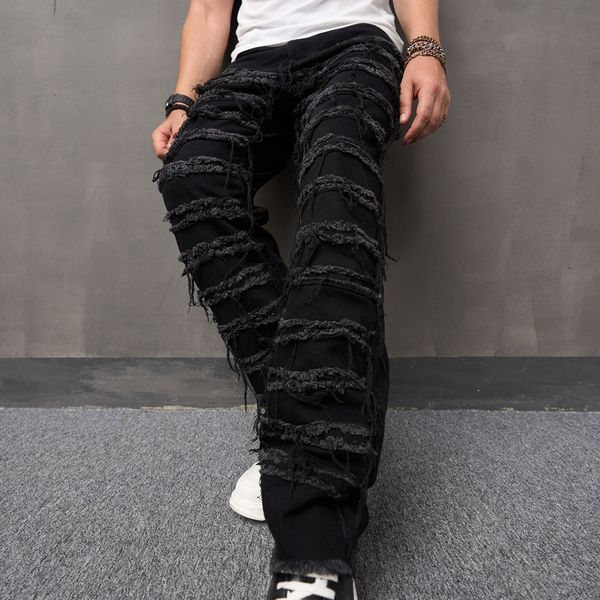 Herren Jeans Männer High Street Stilvolle Ripped Patch Hosen Männlichen Lose Gerade Feste Beiläufige Denim Hosen 230922