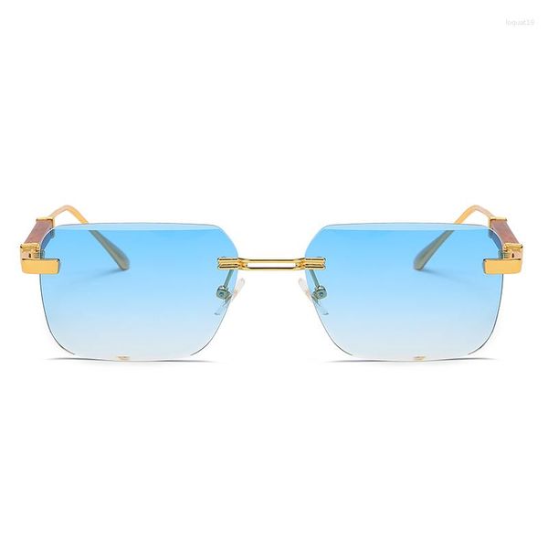 Óculos de sol moda retângulo sem aro feminino quadrado vintage óculos de luxo design retro moldura de madeira gradiente óculos de sol uv400