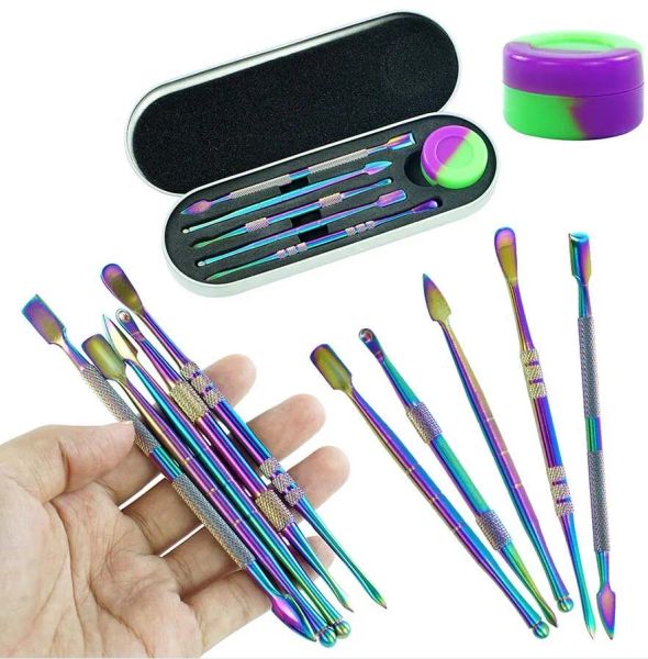 Conjunto de kit de ferramentas Dabber 5pcs acessórios para fumar com caixa de metal e silicone 5ml armazenamento Dab seco erva vaporizador colorido prata arco-íris ZZ