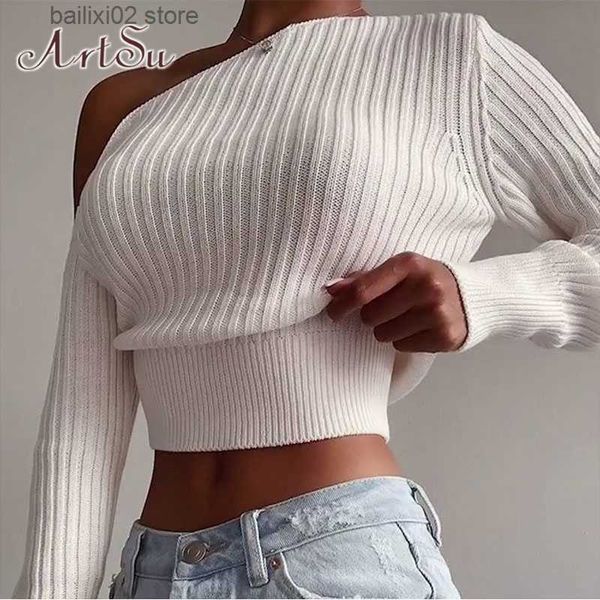 Suéteres femininos Artsu malhas suéteres mulheres roupas de inverno caem um ombro manga comprida top jumper branco pulôver sexy colheita camisola de malha t230922