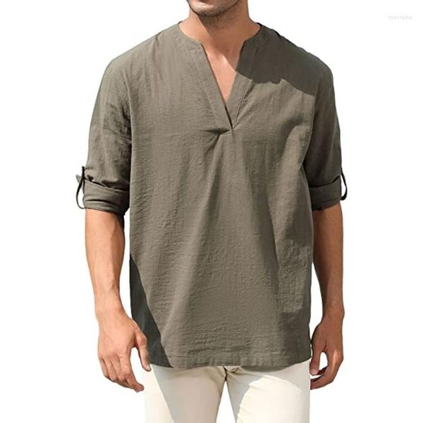 Camicie casual da uomo Arrivi 2023 Camicie da uomo in cotone e lino da spiaggia Smart bianco grigio scollo a V manica lunga camicia Henry Roupas Femininas