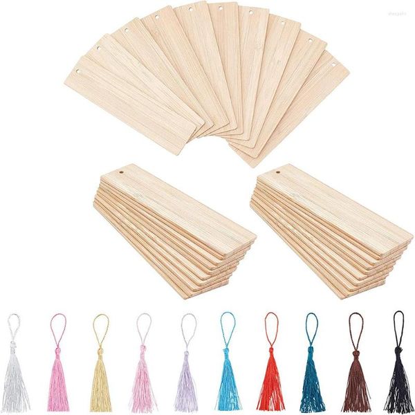 Chaveiros 36pcs marcador de madeira marcadores em branco com borlas marcadores de livro de madeira retângulo fino pendurado tag buracos para projetos diy