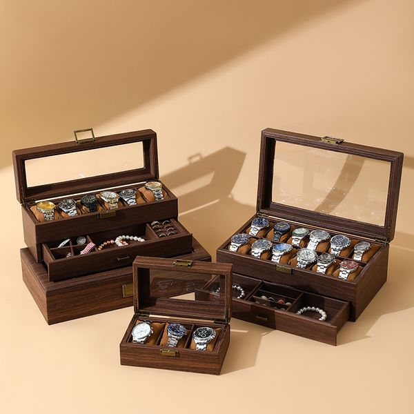Caixas de jóias retro grão de madeira couro macio travesseiro caixa de relógio jóias coleção dupla camada 230921