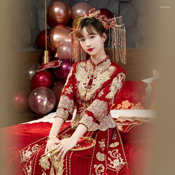 Ethnische Kleidung Frauen Phoenix Stickerei Hochzeitskleid Cheongsam Elegante Braut Traditioneller chinesischer Stil Toast Tang-Anzug