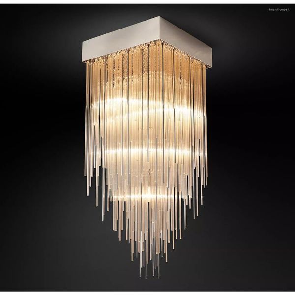 Lustres LED Luzes Pingente Lâmpada Quadrado Lustre Moderno Vidro Tassel Flush Mount Sala de Jantar Luminária