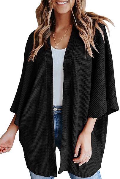 Maglieria da donna T-shirt da donna leggero Kimono Cardigan Maglione aperto sul davanti Waffle Knit 34 Manica a pipistrello Summer Beach Cover Up 230921