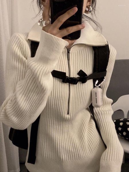 Maglioni da donna Deeptown Harajuku Maglione bianco Donna Retro Kpop Mezza cerniera Maglione lavorato a maglia Coreano Slim Pullover a maniche lunghe Top Y2K