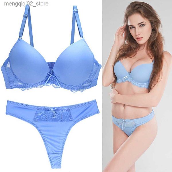 Conjuntos de sutiãs tanga e conjunto de sutiã ajustado cintas sutiã para feminino azul push up sutiã de renda conjunto roupa interior mulheres conjunto a b c d e sutiã e calcinha conjunto q230922