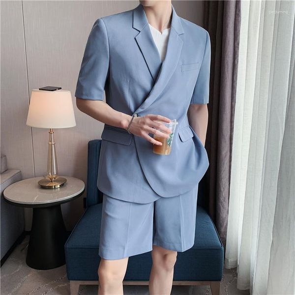 Erkekler (Ceket Pantolon) İngiliz tarzı yaz ince katı kısa kollu iş takım elbise setleri erkek marka gündelik ince parti ziyafet elbisesi