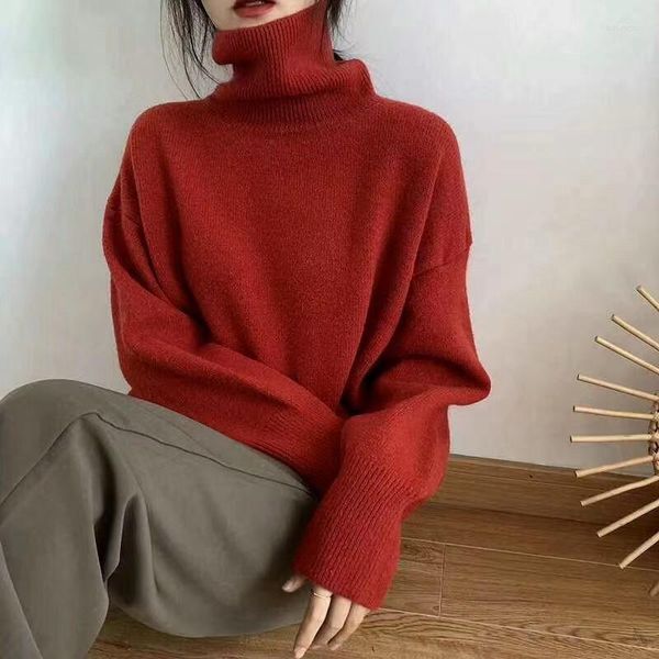 Damenpullover Rollkragenkaschmirpullover Frauen Koreanischer Stil Übergroße Strickpullover Herbst Winter Lässige lose feste Jumper 2023