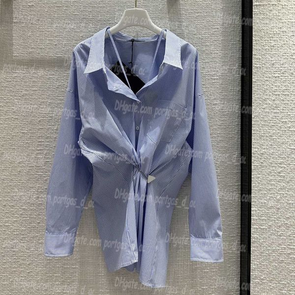 Blusa feminina listrada tops camisas manga comprida camiseta pin design blusas plissadas chemisiers2970