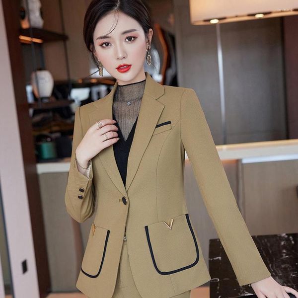 Frauen Zweiteilige Hosen 2023 Winter Weibliche Elegante Beige Anzug Blazer Hosen Business Jacke Mit Taschen Büro Dame 2 Stück set S-4XL