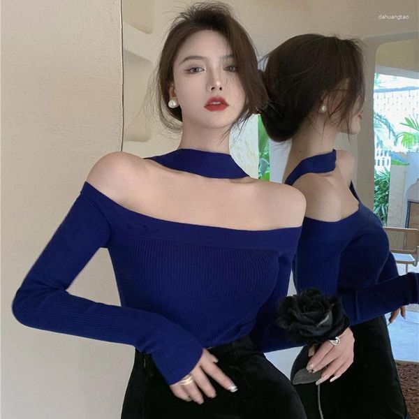T-shirt da donna 2023 Autunno per le donne Crop Top Stile coreano Retro Filettatura con colletto allacciato T-shirt Maglia elastica blu Tee Shirt