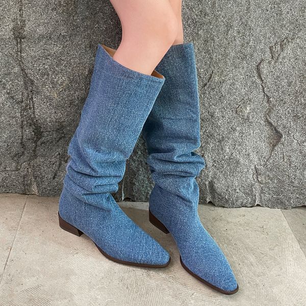 Stivali 2023 blu denim sexy stiletto punta a punta ginocchio alto per le donne tacchi bassi lungo autunno inverno scarpe da donna 230922