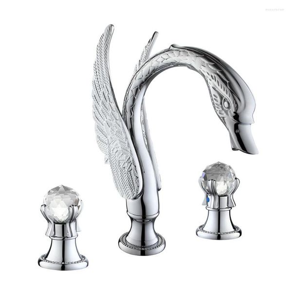 Torneiras de pia do banheiro Material de latão Cromo e ouro Deck Deck Double Handle of Luxury Swan Shape Artistic Tap Tap